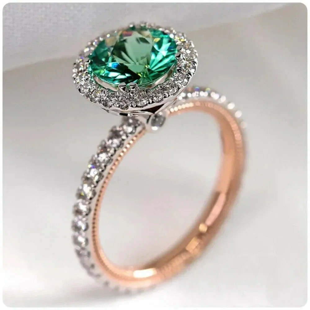 NEW Two Tone Round Emerald Diamond Halo Ring